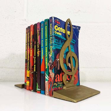 Vintage Brass Set Two Bookends Musical Treble Clef Book Ends Metal Mid-Century Hollywood Regency Figurine Home Decor Bookcase Shelf Music 