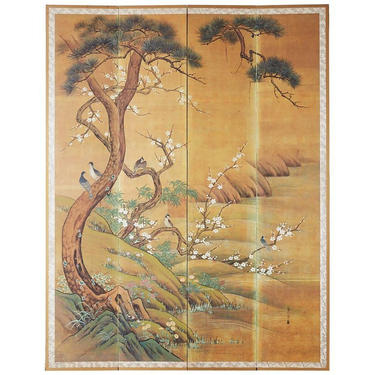 Japanese Edo Style Four-Panel Spring Landscape Screen by ErinLaneEstate