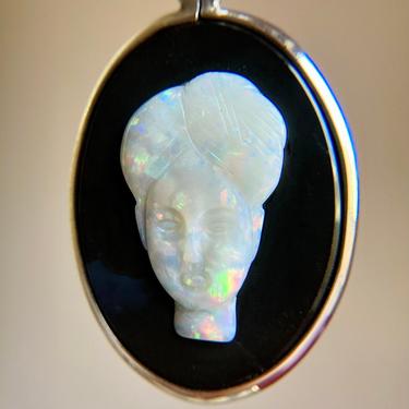 Large Vintage Sterling Silver Opal & Onyx Cameo Pendant, Chinese? Unusual 