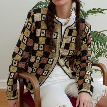 checkboard knit cotton blend cardigan 