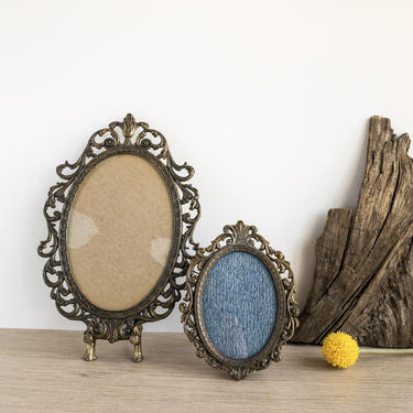 Set of Two Ornate Metal Picture Frames | 2-1/2 x 3-1/2 and 4 x 6 | Made in Italy Ornate Antique Brass Oval Frames 