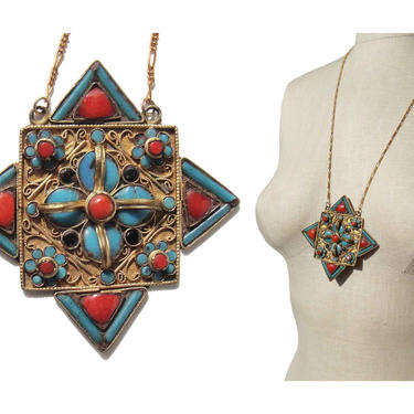 Vintage Gau Necklace Turquoise &amp; Coral Mandala Pendant 