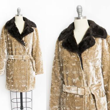 1960s Coat Brown Velvet Faux Fur Mod M / L 