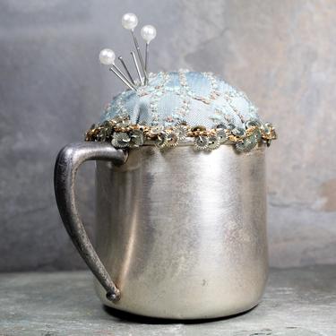 Vintage Silver Cup Pin Cushion - Upcycled W.M. Rogers &amp; Sons Silverplate Baby Cup Upcycled into a Pin Cushion  | FREE SHIPPING 