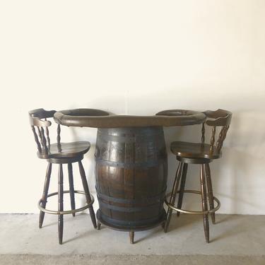 Vintage Oak Barrel Bar with Swivel Stools
