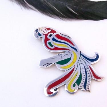 FEATHERED FRIEND Vintage 70s Pin | 1970s 925 Sterling Silver Enamel Parrot Bird Figural Novelty Pin | Taxco TA-160 Mexican Souvenir Jewelry 