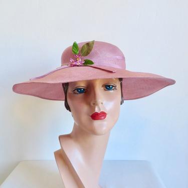 Vintage 1970's Pink Sisal Straw Wide Brim Hat Flower Trim Ascot Kentucky Derby Gerdie for Bermona Made in England Spring Summer Portrait 