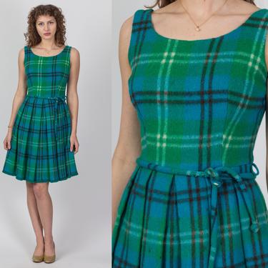 Vintage 1960s Green Tartan Mini Dress, As Is - Small | 50s 60s Plaid Belted Sleeveless Pleated Fit Flare Dress 