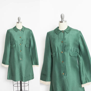 Vintage 1960s Dress - Forest Green Silk Shirt Front Mini Mod Cocktail Dress - Small 
