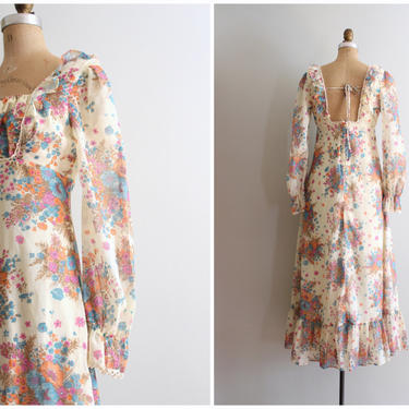70s floral print gauze maxi dress - vintage 70s maxi dress / 1970s floral maxi dress - summer festival dress  / hippie bridesmaid dress 