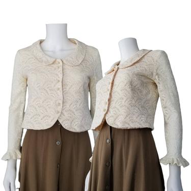 Vintage 50s Crochet Crop Jacket, Extra Small / Sheer Illusion 1950s Button Blouse / 1950s Ivory Dress Jacket / Open Knit Spring Top 