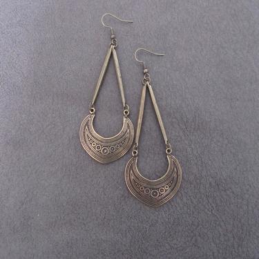 Etched bronze earrings, statement earrings, bold long earrings, geometric mid century modern earrings, ethnic tribal earrings, boho 2b 
