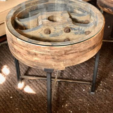 ANTIQUE INDUSTRIAL PULLEY SIDE TABLE