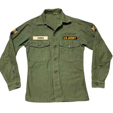 Vintage 1960s OG-107 US Army Utility Shirt ~ fits XS ~ Military Uniform ~ Patches / Named 