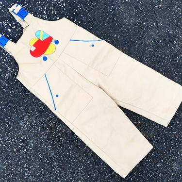 Vintage 70s Carters Khaki Brown Embroidered Multicolor Airplane Blue Clasp Bell Bottom Overalls Jumpsuit Playsuit 3T 