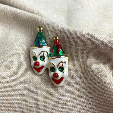 Two smiling clowns with rhinestone eyes - vintage enameled brooch 