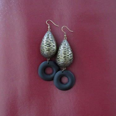 Big earrings, black wood and brass Afrocentric dangle earrings, mid century modern earrings, African earrings, bold statement, unique 