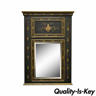 Neoclassical French Style Black &amp; Gold Painted Beveled Glass Trumeau Wall Mirror