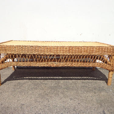 Wicker Coffee Table Vintage Rattan Boho Chic Peacock Hollywood Regency Chinese Chippendale Chinoiserie Bamboo Miami Mid Century Bentwood 