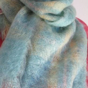 Perfect Scottish Gift!  Pastels Blue Yellow Plaid Mohair Scarf Made in Scotland Cree Mills Soft Cozy Turquoise Womens Vintage Winter Scarf 