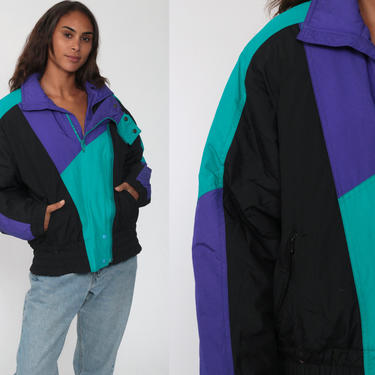 90s Ski Jacket Black Turquoise Winter Coat Puffy Jacket Puffer Coat 90s Jacket Color Block Striped 80s Retro Vintage Puff Jacket Large 