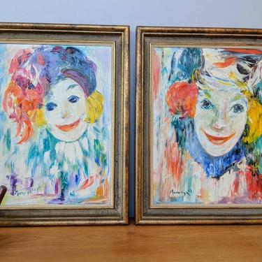 Pair of Mid Century Clown Female Jesters Abstract Oil Paintings by Mara-Lyn Needham 