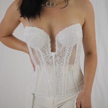 Vintage 50s Bustier White Embroidered Strapless Plunging Bustier