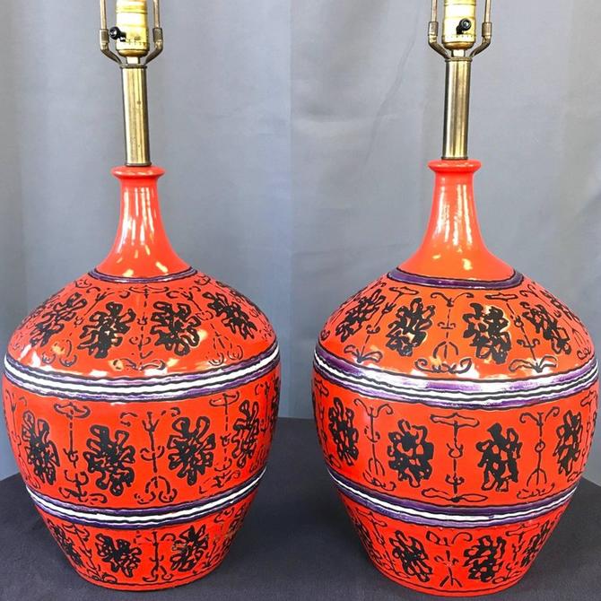 Pair of Raymor Hand-Decorated Reddish-Orange Table Lamps