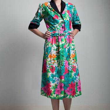 belted shirt dress 70s vintage bright green colorful floral shirtwaist LARGE L 