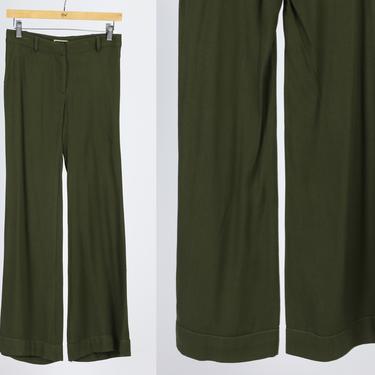 Vintage Olive Green Flared Pants - Extra Small | Y2K Mid Rise Hippie Trousers 