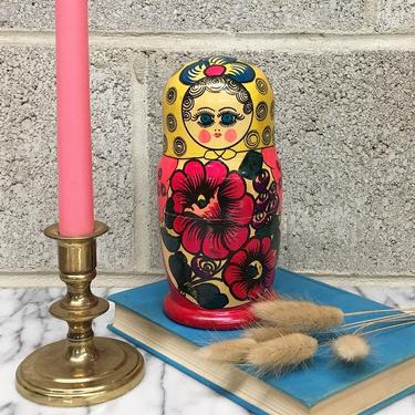 Vintage Russian Doll Retro 1990s Stacking Wood Toy + Painted Woman + Children + Kids + Nesting + Colorful + Hand Painted Art + Home Decor 