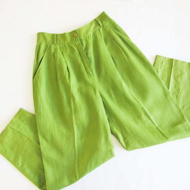 Vintage 90s 2000s Linen Trouser Pants 29 - Pleated High Waist Pants - Bright Lime Green Pants - 90s 2000s y2k Clothing 