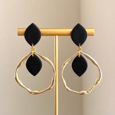 Black Clay and Gold Hoop Dangle Earrings 