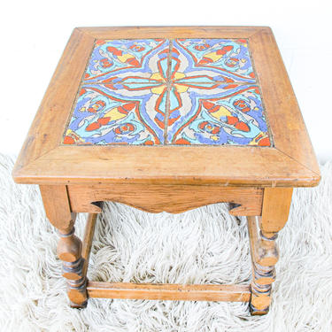 Vintage Hand Painted Spanish Style Tile and Solid Carved Wood Accent Table 