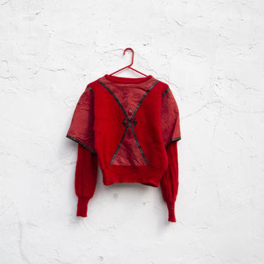 vintage | red | 80s sweater | leather details | criss cross 