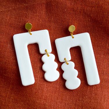 White Clay Rectangular Dangle Earrings, Gift for Her 