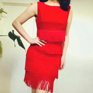 1950s 60s bright red fringe wiggle dress 