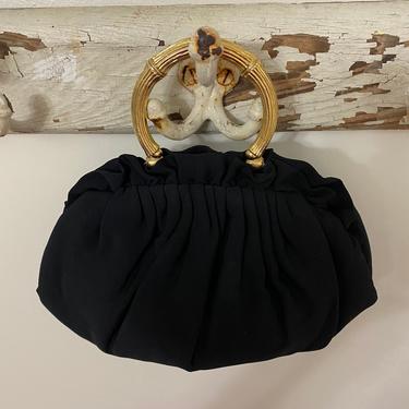 50s GARAY evening purse | classic black pleated faille with gold metal handle and kiss clasp 