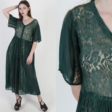 Vintage 90s Grunge Dress, Forest Green Lace, 1990s V Neck Button Up, Gypsy Sheer See Through Material, Goth Floral Womens A Line Maxi Dress 