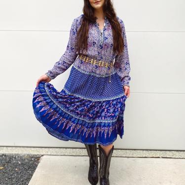 Purple & Blue Indian Cotton Long Sleeve Dress