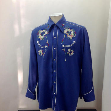 Vintage 1950's Cowboy Shirt / Western Wear / Chain Stitch Embroidery / Rayon Fabric / Mother of Pearl Snap Buttons / Men's LARGE 