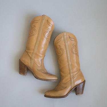Vintage Womens Cowboy Boots / Tan Stitched Cowgirl Boots / Western Boots Size 6 / Womens Tan Leather Boots 6 / Vintage Western Heeled Boots 