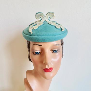 Vintage 1940's 50's Aqua Blue Felt Hat with White Sequin Appliques Rhinestone Trim Pillbox Style The Halle Bros Co 40's Millinery Size 22 