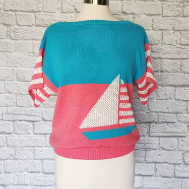 Vintage 80s Neon Boat Sweater // Knit Nautical Blue and Pink 