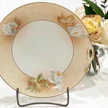 HUB Austria Hand Painted Vintage Cake Plate or Serving Platter With White Roses 