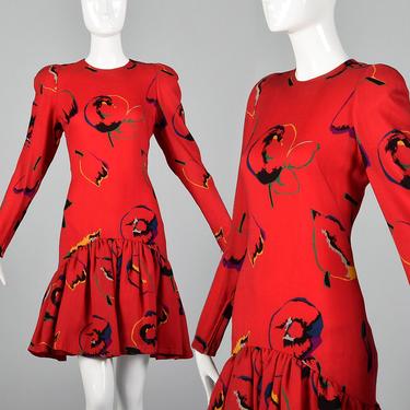 Small 1980s Pauline Trigere Dress Long Sleeve Red Dress Drop Waist Pencil Skirt Ruffle Overskirt Autumn Winter 80s Vintage 