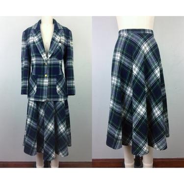 Vintage 70s Wool PLAID Tartan Suit Skirt and Jacket Set M 