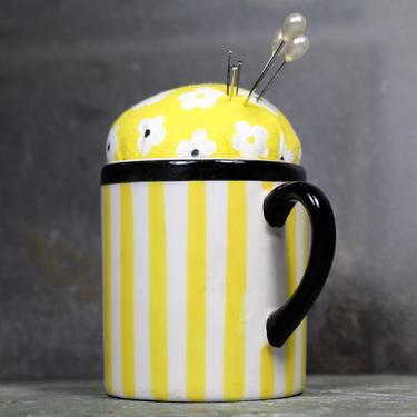 Sweet Vintage Ceramic Mug Pin Cushion - Yellow Striped Miniature Coffee Mug Pin Cushion - Made in Italy! - Handmade | Free Shipping 
