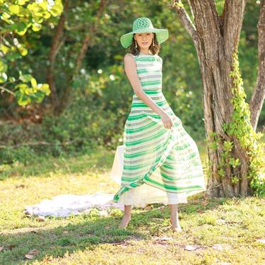 70s Striped Pleated Dress Vintage Green Flowy Striped Party Dress 