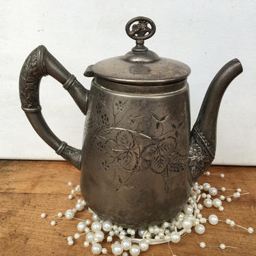 Vintage Acme Silver Plate Etched Tea Pot, Etched Floral Design, Boston Massachusetts, Quadruple Silver Plate, Farmhouse Kitchen 